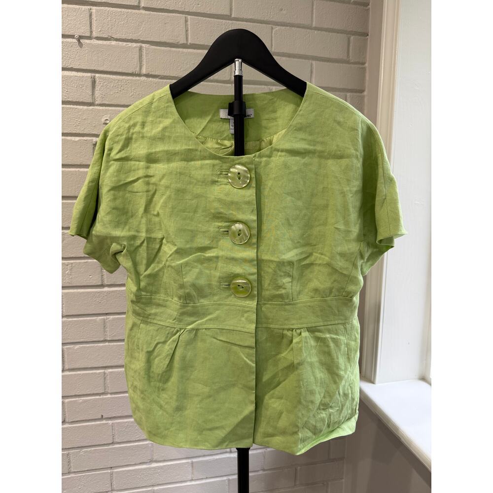 Pistachio Green Linen Jacket Women M Statement Button Artsy Lagenlook - Picture 2 of 5